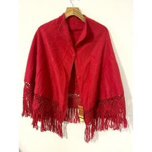 Alpaca Camargo Red Wool Poncho Cape Shawl Fringe One Size NEW